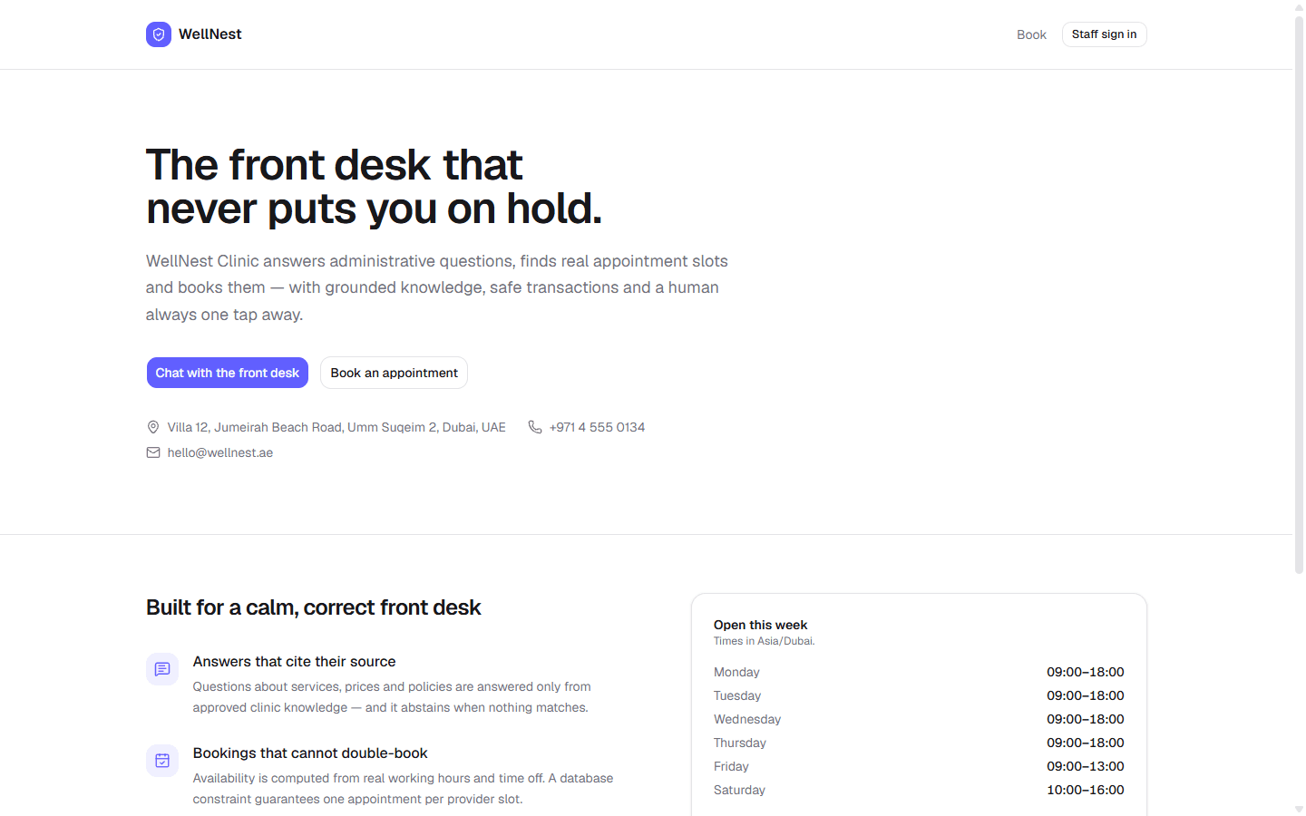 WellNest Clinic AI front desk landing page preview