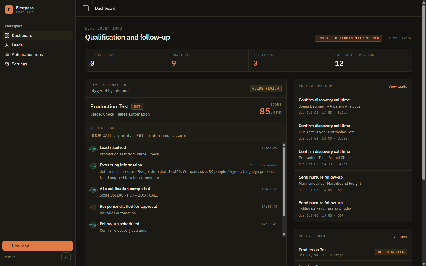 Firstpass dashboard showing qualification stats and a live automation run