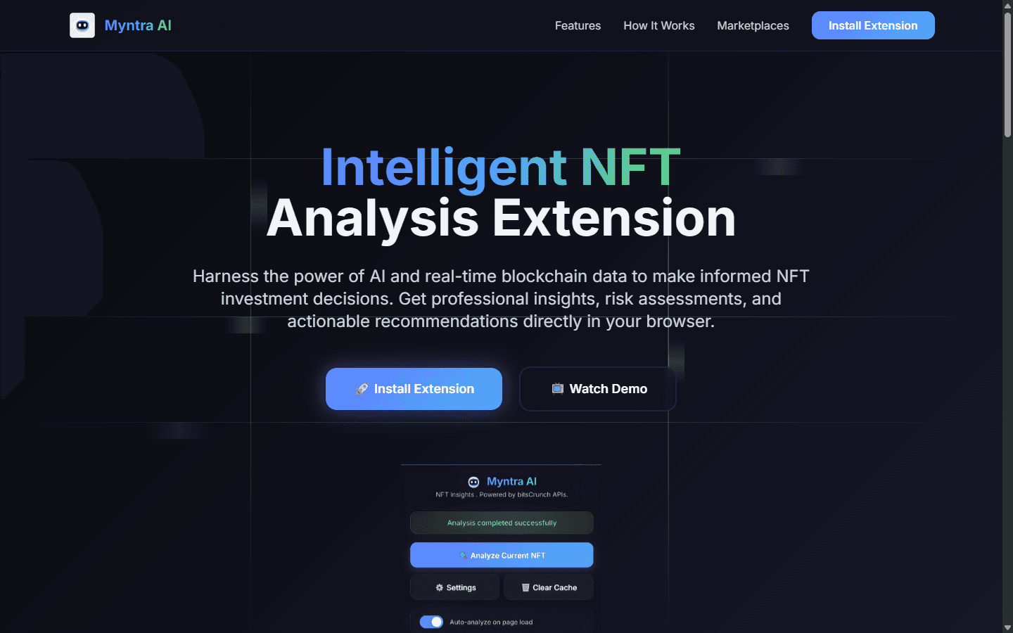 Myntra AI NFT analysis extension landing page